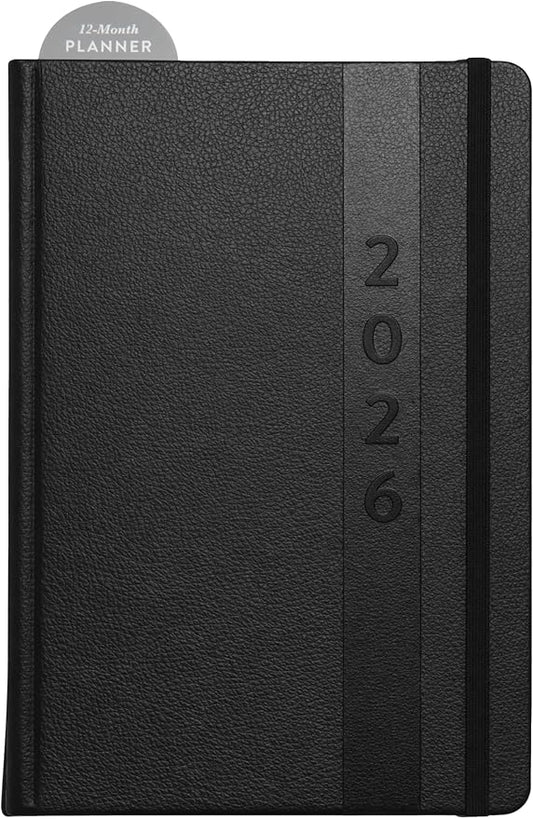WORLD TRAVELER 2026 Planner - 6x8 Inch Weekly and Monthly Calendar Planner Agenda Book with Bookmark & Ribbon for School and Office, Size 6X8, Black Leather
