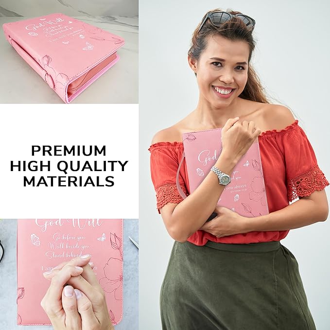 DEHITE Bible Cases for Woman — Leather Bible Covers for Women — Carrying Bag for Woman — Pen Slots — Zippered Pocket — Premium Faux Leather Holder — Christian Floral Accessories