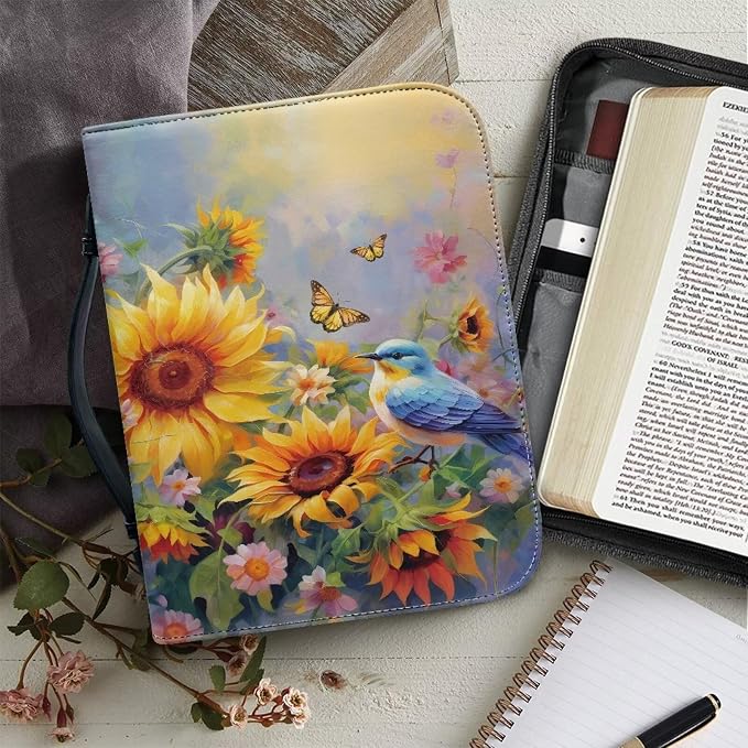 Sunflower Hummingbird Bible Covers Case PU Leather Bible Carrying Case with Handle Waterproof Bible Protector Multi-Purpose Bible Tote Bag Large Size