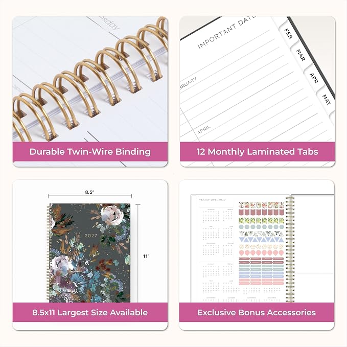 Blue Sky Kelly Ventura 2026 Weekly and Monthly Planner Calendar, January 2026 - December 2026, 8.5" x 11", Flexible Cover, Laminated Tabs, Durable Twin Wire Binding, Storage Pocket, Includes Sticker Sheet, Midnight Garden