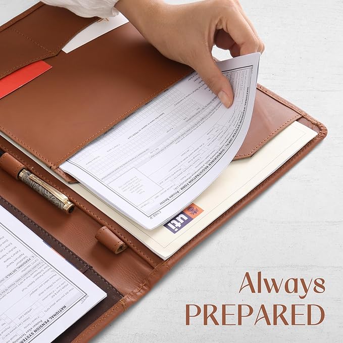 Succor Genuine Leather Portfolio Padfolio – Professional Business Folder & Leather Binder Organizer with Legal Pad Document Holder for Men & Women, Zipper-Free – 13x10 Inch, Brown