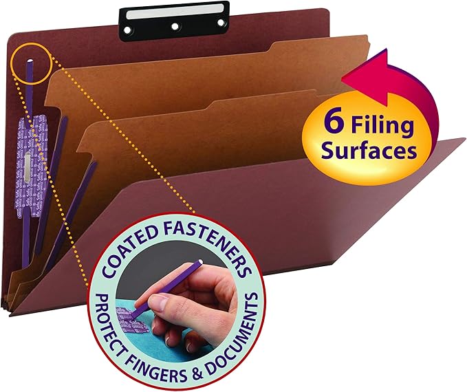 Smead Pressboard Classification Folder with SafeSHIELD Fasteners, 1/3-Cut Flat Metal Tab, 2 Dividers, 2" Exp., Legal Size, Red, 10 per Box (19230)