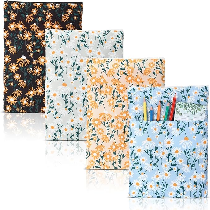 4 Pcs Floral Book Sleeve with Zipper Daisy Flower Fabric Cute Washable Book Protector for Women Reader Bookish Gifts Accessories, 11.8 x 8.7 Inch