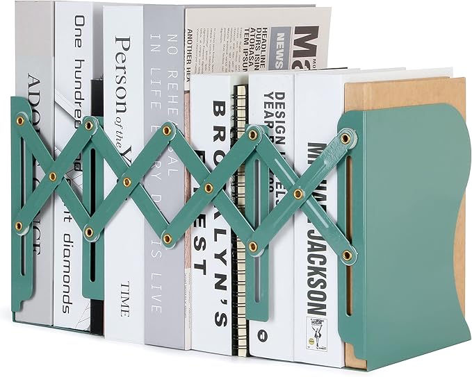 Adjustable Metal Bookends Heavy Duty for Shelves, 2 Dividers, Anti-Slip Design Expandable Book Ends for Desk, Office(Dark Green, 19 inches Max)