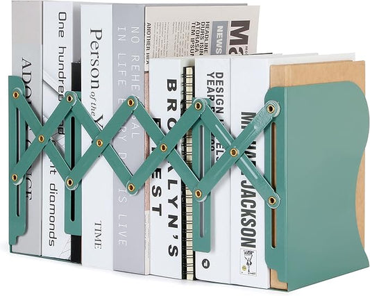 Adjustable Metal Bookends Heavy Duty for Shelves, 2 Dividers, Anti-Slip Design Expandable Book Ends for Desk, Office(Dark Green, 19 inches Max)