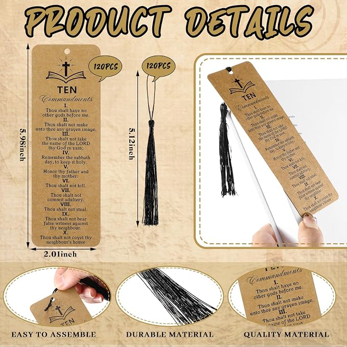 Skyygemm 120 Pcs Ten Commandments Bookmark with Tassel Bible Verse Religious Markers Bulk Christian Retro Kraft Paper Ten Commandments Bookmark Inspirational Church Supplies for Women Men Office