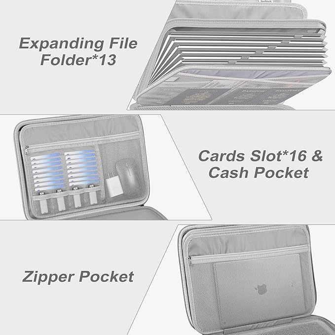Fireproof Document organizer with Lock, 13 Pocket Accordion File Folder,Portable Office Home Travel Safe Briefcase for Letter A4 Files and More with Handle