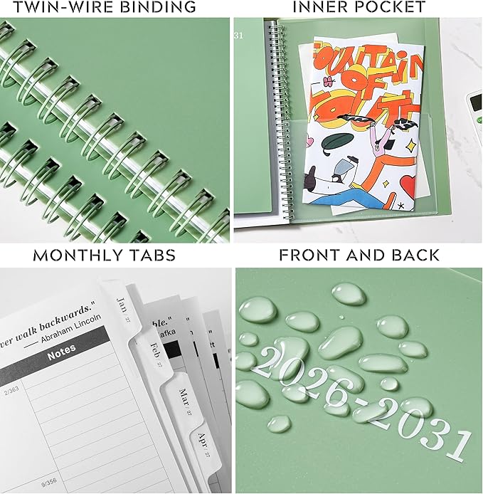 2026-2031 Monthly Planner/Monthly Calendar - 5 Year monthly Planner, Jul. 2026 - Jun. 2031, 9" x 11", Double-Side Pocket + Durable Polypropylene Cover - Sage Green