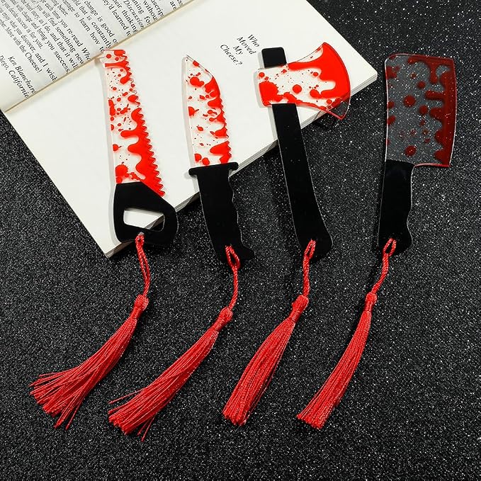 Horror Novelty Bookmark Set - 6 Creepy Tool Shapes with Blood Stain Design, Gothic Book Accessories for Halloween Gifts, Macabre Metal Page Holders with Red Tassels (6Pcs Tools of Terror)