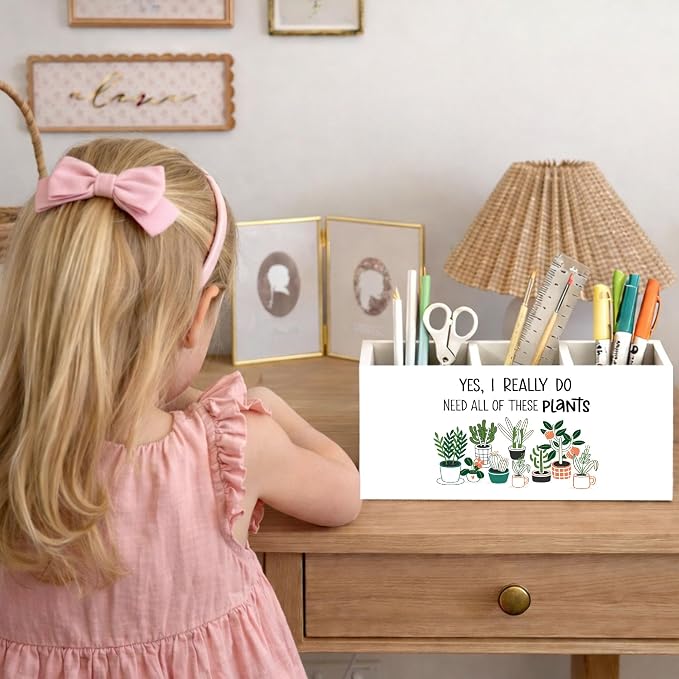 Plant Lover Desk Organizer Wooden Pen Pencil Holder for Desk, 3 Compartments Office Accessories, Yes I Really Do Need All of These Plants Funny Decor, Botanical Theme Table Storage for Home Office