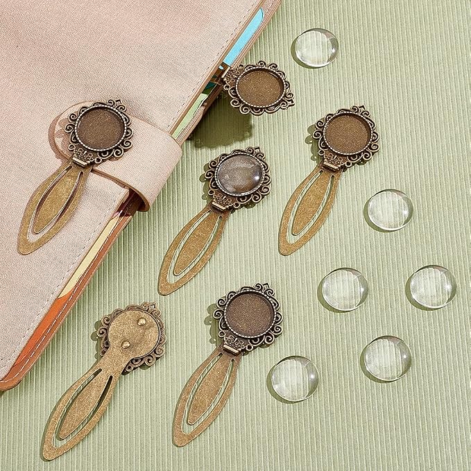 NBEADS 24 Pcs Antique Bronze Bookmark Pendant Tray Kit, Including 12 Pcs Tibetan Style Bookmark Cabochon Settings 12 Pcs Dome Transparent Glass Cabochons for Reading Gift Crafting DIY Bookmark