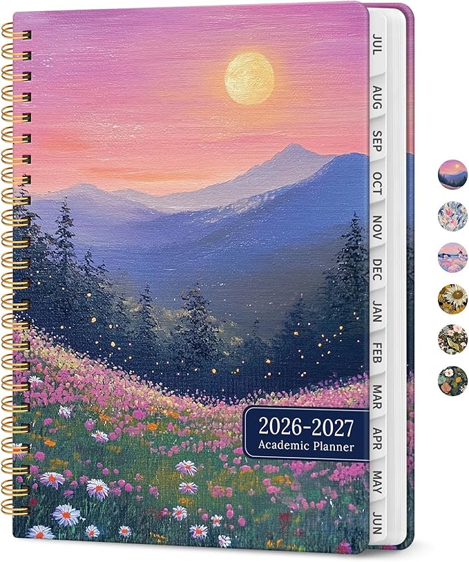 Planner 2026-2027, Academic Year Monthly and Weekly Calendar Planner, Jul 2026 - Jun 2027, Hardcover Teacher Student Planning Agenda book with Tabs, Perfect for School Office Supplies, 6.3" x 8.5" - Twilight Bloom