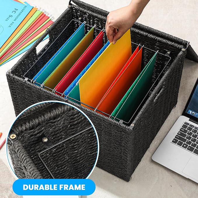 Cinnvoice Extra Large Decorative File Box 18 x 16 x 13 in Wicker Seagrass File Basket Organizer for Letter Legal Size Hand Woven Hanging Filing Cabinet with Lid for Office Paper Rope, Black