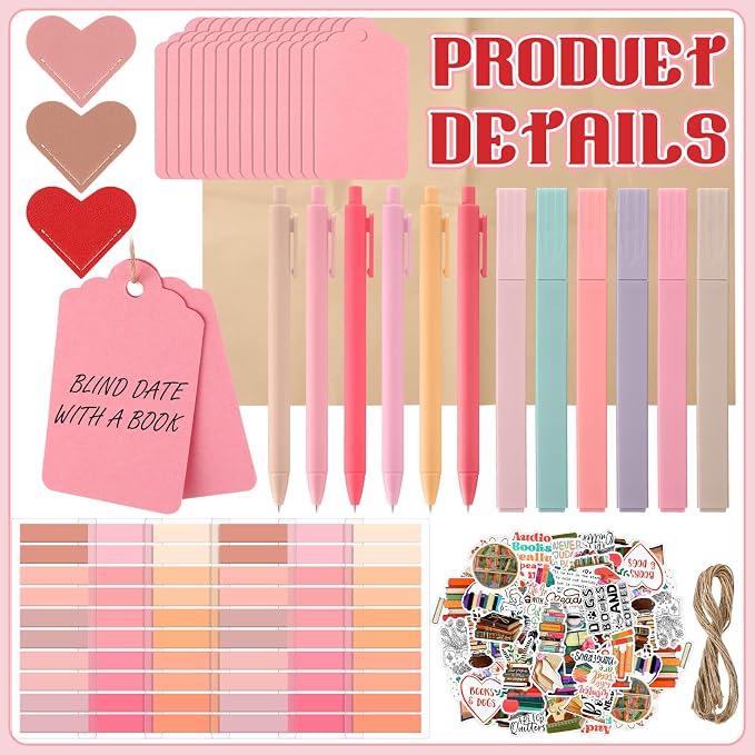Sabary 6 Set Blind Date with a Book Gift Box Supplies Excluding Books Leather Bookmarks Stickers Kraft Tags Pens Wrapping Papers Mother's Day and Teacher's Day Graduation Book Lovers Club Gifts(Pink)