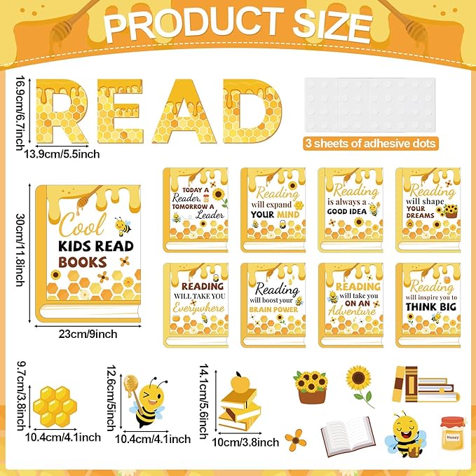 Qyeahkj Bee Reading Bulletin Board Poster for Classroom Motivational Bulletin Board Bumble Bee Sunflower Cutouts Elementary Educational Prints Poster for Teachers Kindergarten Preschool Library