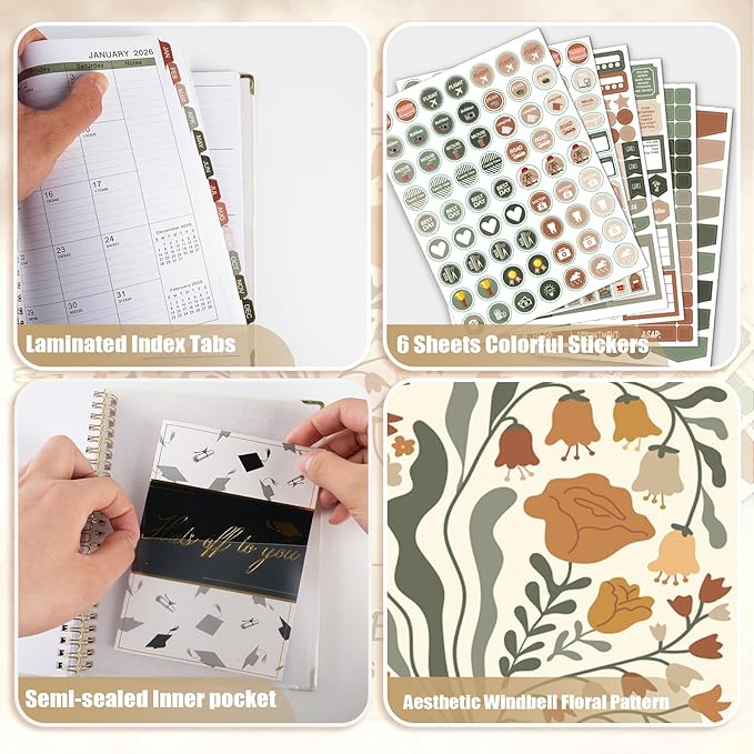 GuassLee 2026 Planner, Weekly and Monthly Planner from January 2026-December 2026, 8.4"x 6.1" Aesthetic Daily Agenda Book with Back Pocket, Stickers, Coated Tabs for School Office Supplies, A5 Size