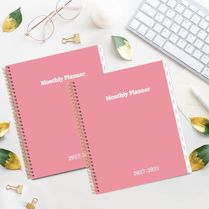 2027-2031 Monthly Planner 5 Year Monthly Planner/Calendar 2027-2031, Jan 2027 – Dec 2031, 9" x 11", Tabs, Double-Side Pocket, Holidays, Thick Paper - Pink