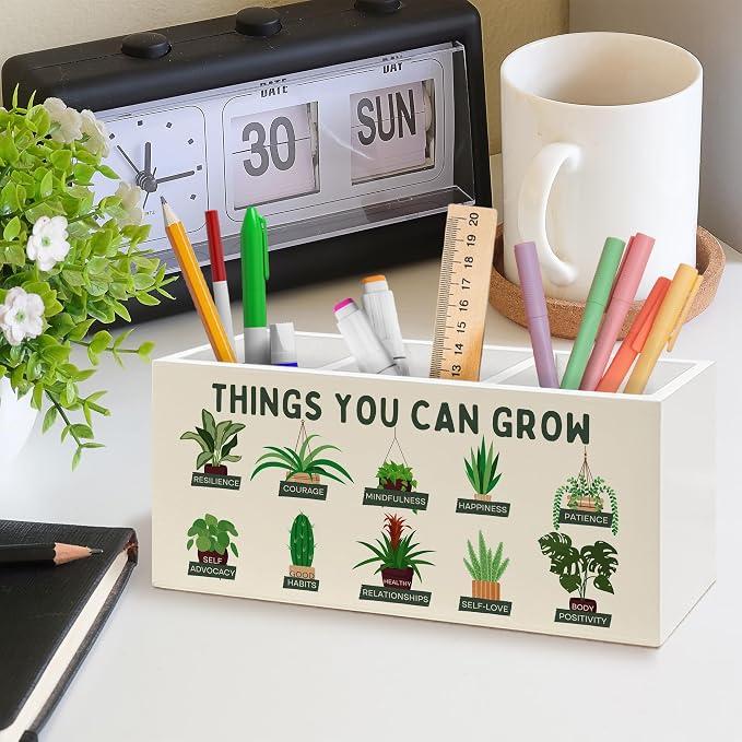 Mental Health Pen Holder, Therapy Office Pen Pencil Holder Organizer for Desk Accessories, Growth Mindset Botanical Wooden Box Desk Decor for School Counselor Therapy Office Desk Decorations