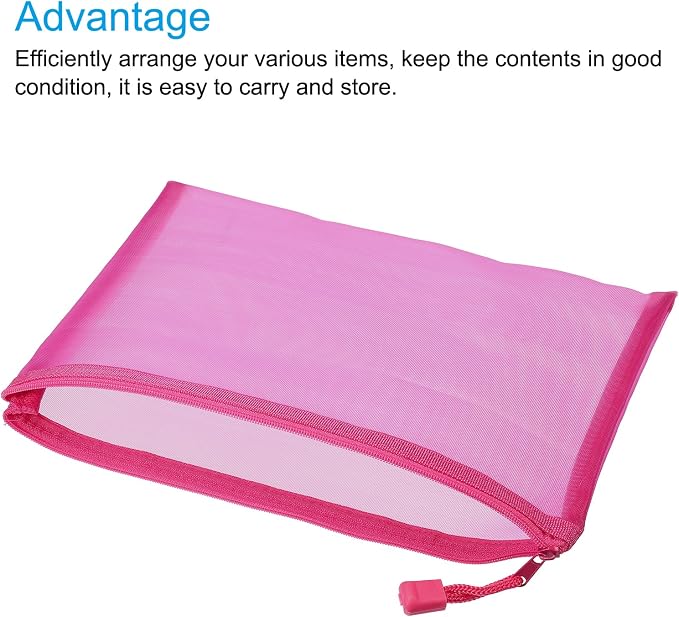 MECCANIXITY Mesh Zipper Bags, A5 Nylon Zip Pouch Pencil Case Storage Pockets for Travel Office Accessories, Rose Red Pack of 6