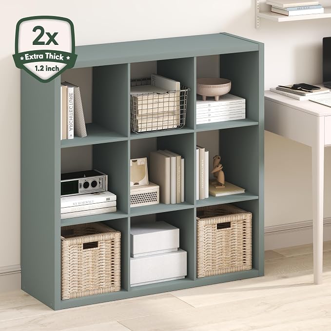 Furinno Cubicle Book Shelf, 9-Cube Bookshelf, Extra Thick Frame Reversible Bookcase with Open Back, 14.6" x 44" x 44", for Living Room, Bedroom, Home Office, Sage Green