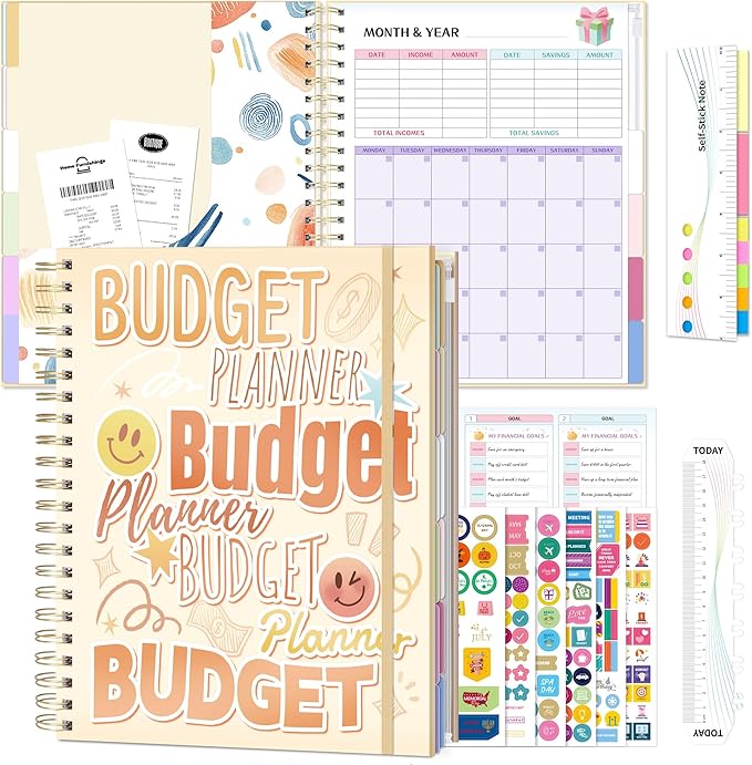 Ospelelf Budget Planner Undated, Money Expense Tracker with Pocket & Stickers, Thick Cardboard Cover, Large Pages for Spacious Writing, Original Fun Colorful Design, 12 Month Financial Notebook Beige