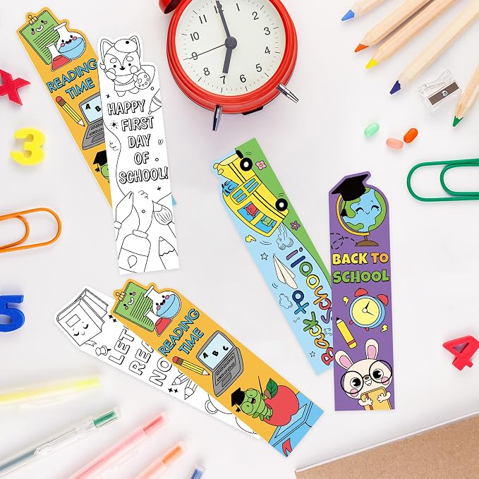 72Pcs Back to School Color Your Own Bookmarks for Kids - DIY Coloring Blank Bookmark Including Schoolbag Alarm Clock Books Ruler Painting Paper Class Party Supplies Goodie Bag Fillers