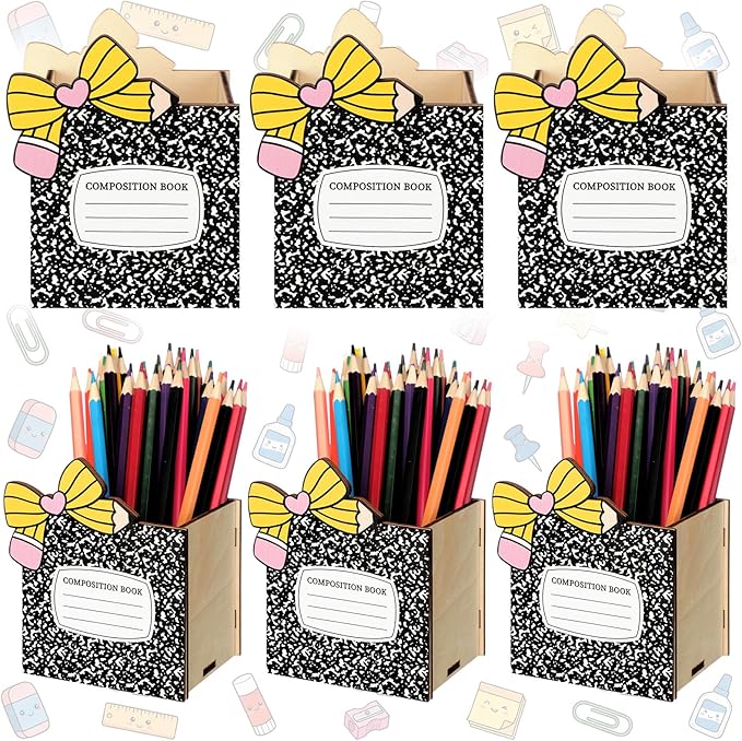 Zhehao 6pcs Composition Book Pencil Holders for Desk Back to School Notebook Wooden Pen Storage Organizer, Cute Desktop Pencil Cup, Stationery Pot Bulk for Back to School Classroom Office Supplies