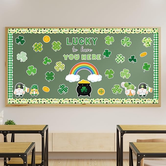 145Pcs St. Patrick's Day Bulletin Board Classroom Decoration Lucky to Have You Here Cutouts Irish Shamrock Gnome Name Tags Green Plaids Border Trim School Chalkboard Home Wall Door Party Decor