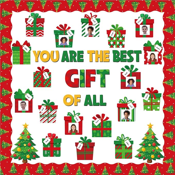 86 Pcs Christmas Bulletin Board with Christmas Tree Borders Christmas Xmas Gift Boxes Cutouts Winter Holiday Classroom Bulletin Board for Classroom Decoration School Home Holiday Party