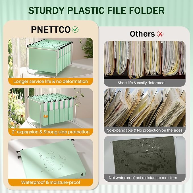 12 Pack Hanging File Folders, Filing Folders Hanging Reinforced, Plastic Hanging Folder 2 Inch Expansion, Accordion File Folders Hanging Folders Box Filing Folders with 1/5 Tabs - Letter Size