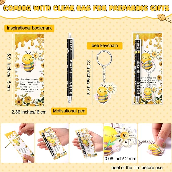 Kosiz 30 Sets Bee Party Favors End of Year Gifts Positive Ballpoint Pens Honey Flower Keychains and Bookmarks Bulk Bee Themed Inspiration Gifts for Student Class Reward School Office Prizes