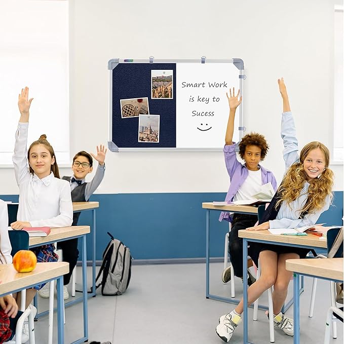 Combination Board 1.5x2 Feet (Magnetic White Board with Blue Pin-up Notice Board) with Push Pins for Home, Office & School, Heavy-Duty Aluminium Frame (White, Blue) (41x59 cm)