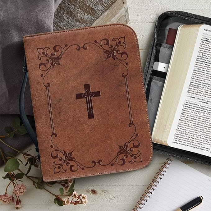 Retro Cross Women Bible Carrying Case Large Size Waterproof Bible Organizer Bag Portable Bible Covers with Handle Lightweight PU Leather Bible Carrier