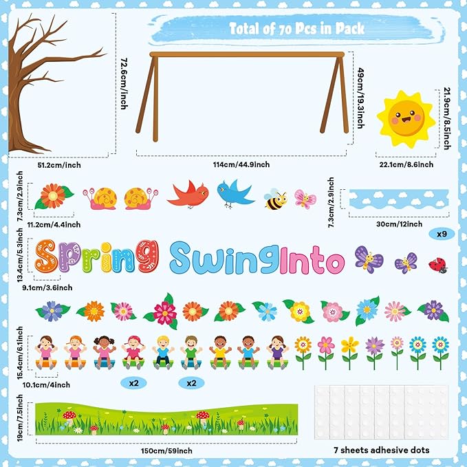 70Pcs Spring Bulletin Board Classroom Decorations Swing into Spring DIY Photo Cutouts Decoration Swing Flowers Butterflies Birds Trees Paper Cutouts for Classroom Office Chalkboard Wall Door Decor