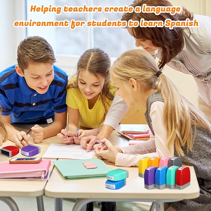 Jetec 16 Pcs Spanish Teacher Self Inking Stamps Teacher Gifts Motivation Grading Stamps for Signature Homework Reward Supplies(Rectangular)