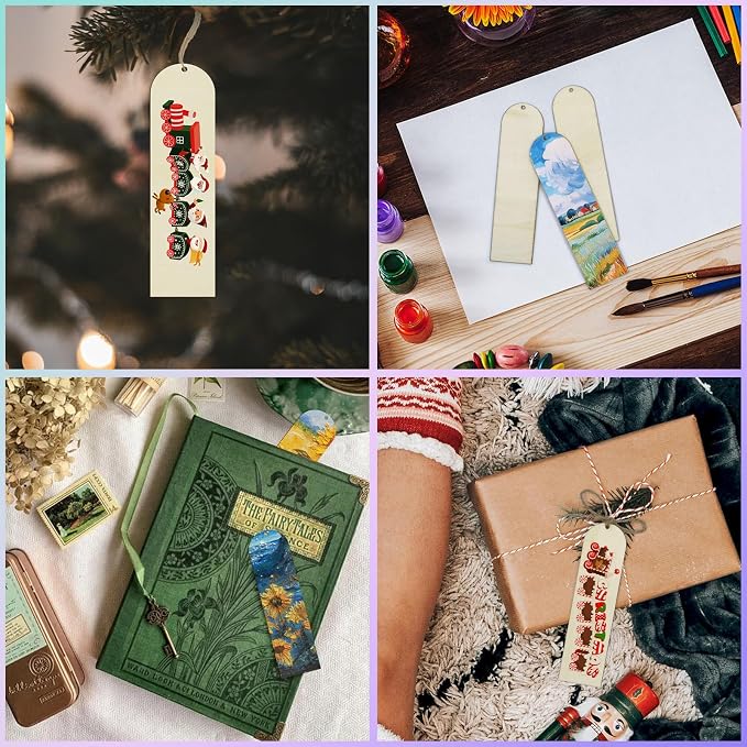 100 PCS Unfinished Wood Bookmark, Arch Wooden Bookmark DIY Bookmarks Tag Label Blank Bookmarks Ornament with 10M Rope for Decor DIY Crafts, Painting, Decorations