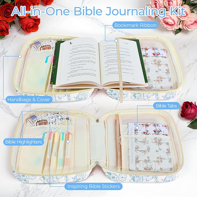 WOBAGMEN Bible Cover Case for Women,Large Bible Tote Bags Organizer Quilted Carrying Case for Girls,Bible Study Supplies Accessories Christian Gifts for Women (Cute Blue Floral, M)