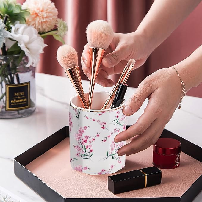 Pen Holder Stand for Desk Floral Pattern Pencil Cup for Girls Kids Durable Ceramic Desk Organizer Makeup Brush Holder for Office Classroom Home Pink Flowers