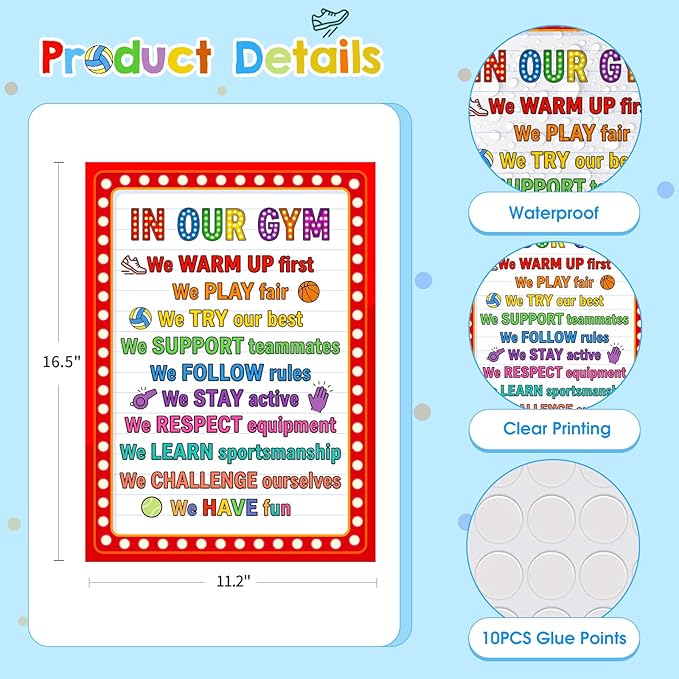 D4DREAM Classroom Rules Poster - Colorful Physical Education Gym Rules Poster Back to School Teacher Supplies Teachers Must Have for Classrooms Elementary Preschool Kindergarten Decor