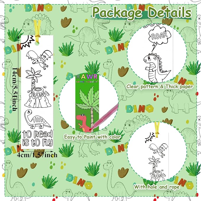 75PCS Color Your Own Bookmarks DIY Coloring Blank Bookmark for Kids Classroom Art Craft Supplies for Children Teachers Students Birthday Gift Party Reward Goodie Fillers (Dinosaur)