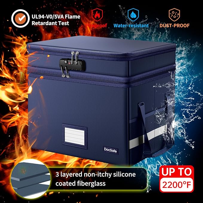 DocSafe File Box with Lock,Multi-Layer Fireproof Document Box Collapsible File Storage Organizer with Pockets/Handle,Large Portable Home Office Filing Safe for Hanging Letter/Legal Size Folders,Blue