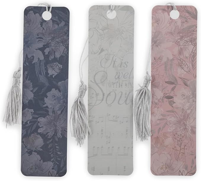 Christian Art Gifts Inspirational 3 Piece Paper Cardstock Bookmark Set for Women: It is Well with My Soul, Encouraging Hymn for Reading, Multicolor Florals, Navy Blue, Creamy Beige & Silver Designs