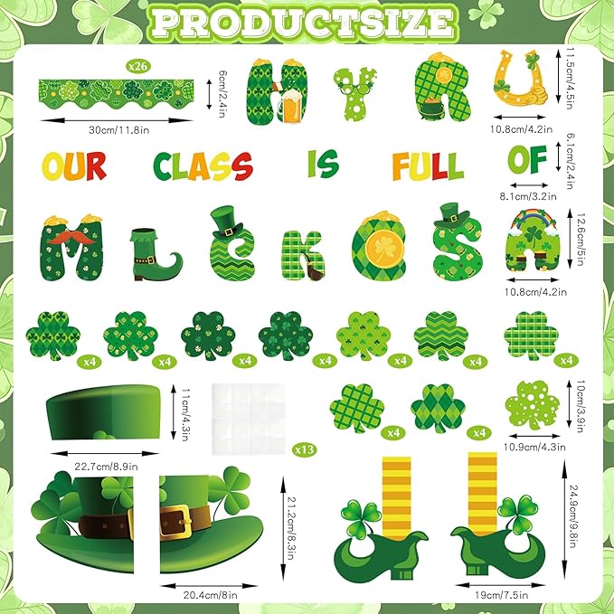 St.Patricks Day Bulletin Board Decorations Set Lucky Shamrock Borders Cutouts Our Class is Full of Lucky Charms Bulletin Board Borders for Green Irish Holiday School Home Chalkboard Wall Door Decor