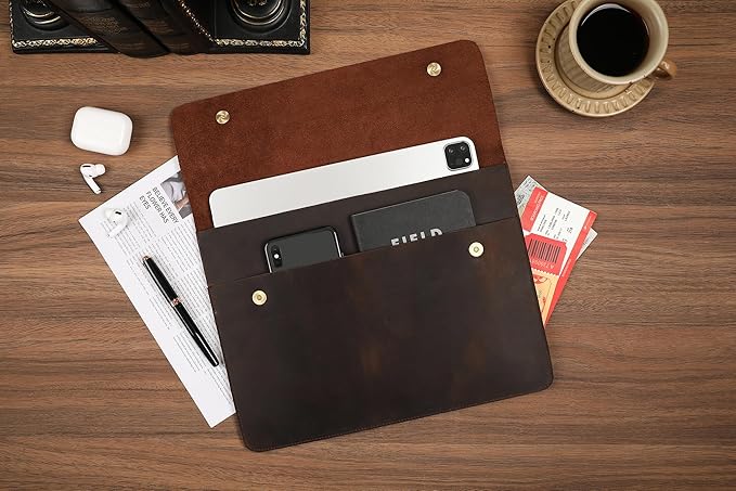 Leather Tablet Sleeve for 11/12.9/13 Inch iPad Pro, Document Holder Folio File Holder, Genuine Leather Sleeve iPad Case for Protection and Style-Dark Khaki-Custom
