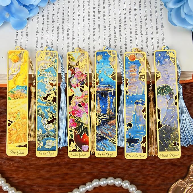 Kinsound Metal Bookmarks with Tassel, Golden Van Gogh Monet Oil Painting Theme Cute Hollow Book Markers for Reading Women, Teachers, Students, Reading Accessories Gifts for Book Lovers (Style B(6PCS))