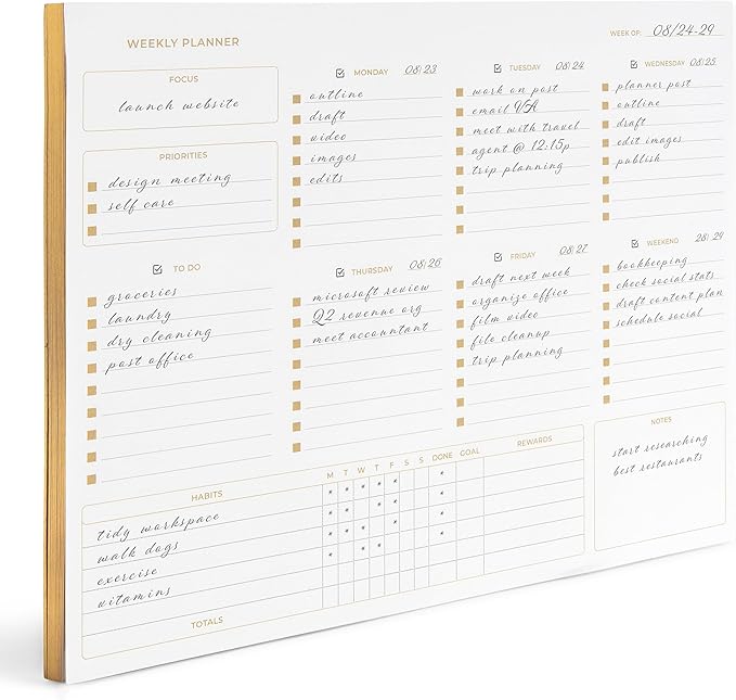BLU MONACO | Undated Weekly Planner Notepad | Gold Edge Desk Pad 8.5 x 11 with Tear Off Sheets | Weekly Planner with To Do List for Work Desk Organization