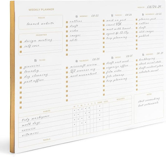 BLU MONACO | Undated Weekly Planner Notepad | Gold Edge Desk Pad 8.5 x 11 with Tear Off Sheets | Weekly Planner with To Do List for Work Desk Organization