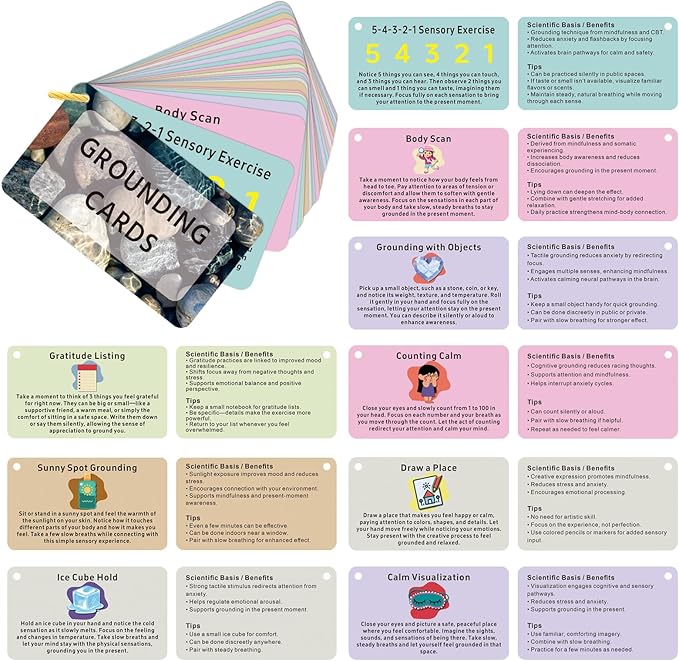Grounding Cards & Worry Stone for Anxiety, Therapy Games for Teens & Adults, 24 Coping Skills Cards for Stress Relief, Mindfulness Tools for Trauma, PTSD, BPD, DID, Special Education School Supplies