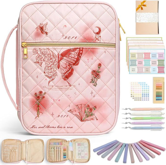 Pink Bible Cover Case: Mothers Day Gifts Large Quilted Bible Bag with Multi Pockets 26 Pcs Study Supplies Journaling Kit, Durable Book Carrying Cases Presents with Butterflies Rose Print