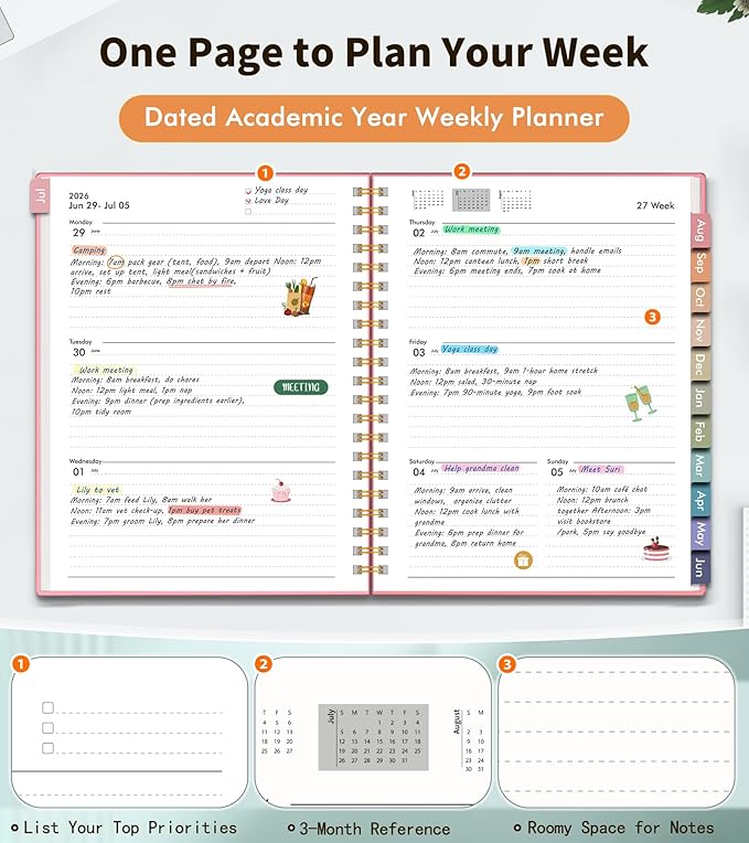 Academic Planner 2026-2027, Weekly and Monthly Calendar Planner from July 2026 - June 2027, 8.5" x 11" A4 Large Daily Agenda Book with Tabs, Flexible Cover, College School Organizer for Student Teacher, Pink